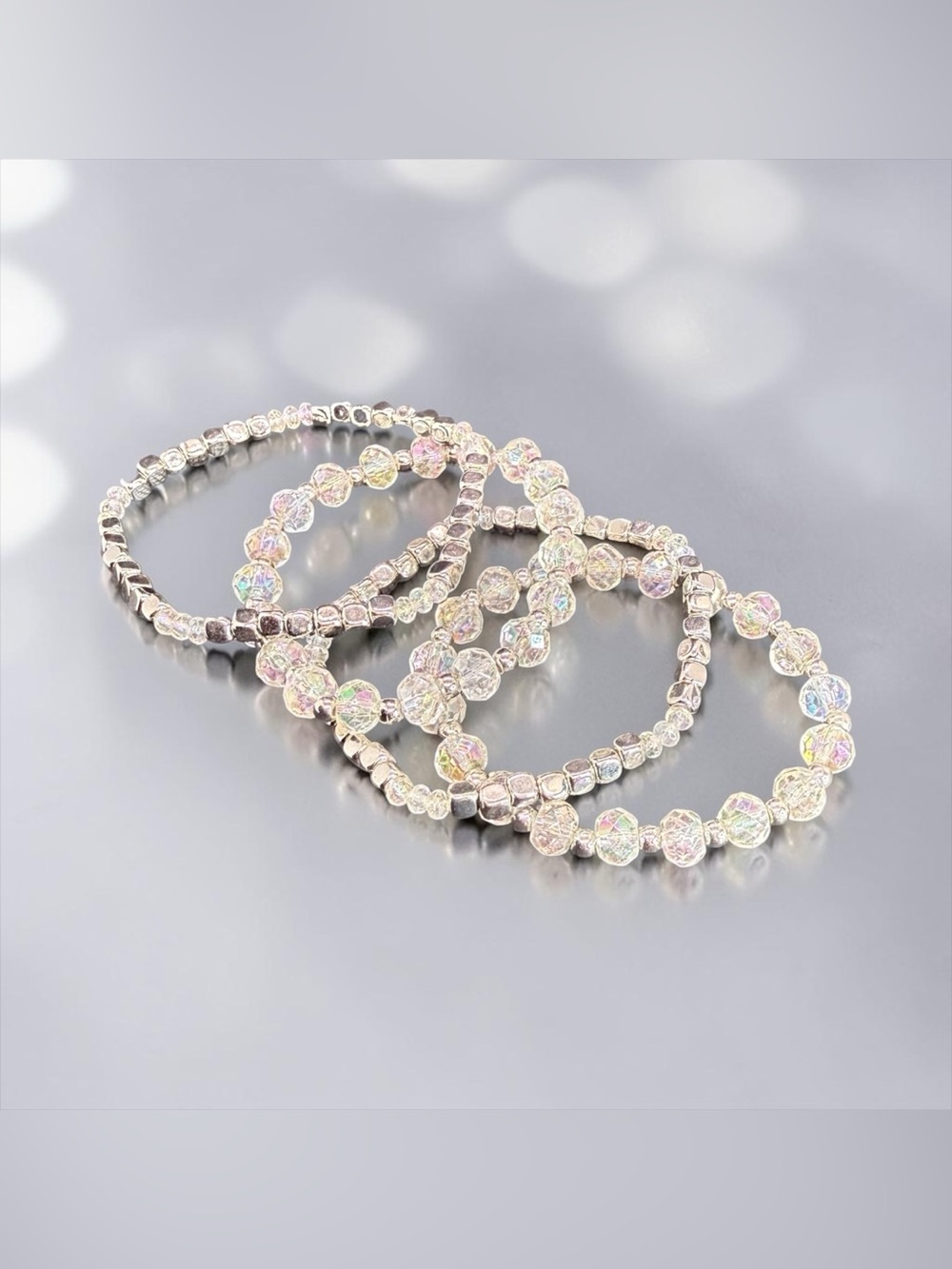 🩶Unbranded🩶4-PC Clear Crystal & Silver-Tone Stretch Beaded Bracelet Set/NIP